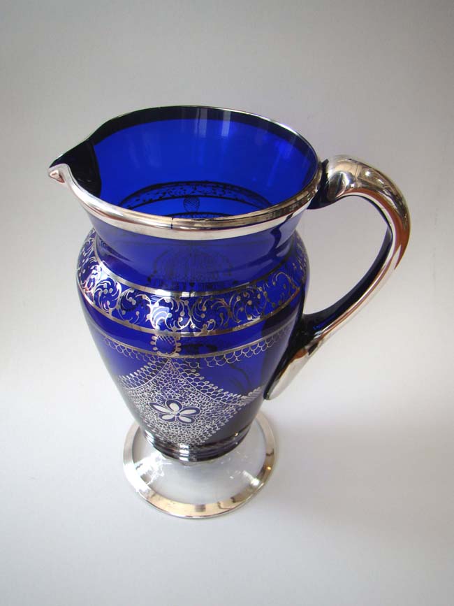 A magnificent antique cobalt blue glass pitcher with intricate silver overlay circa 1900 — image 2